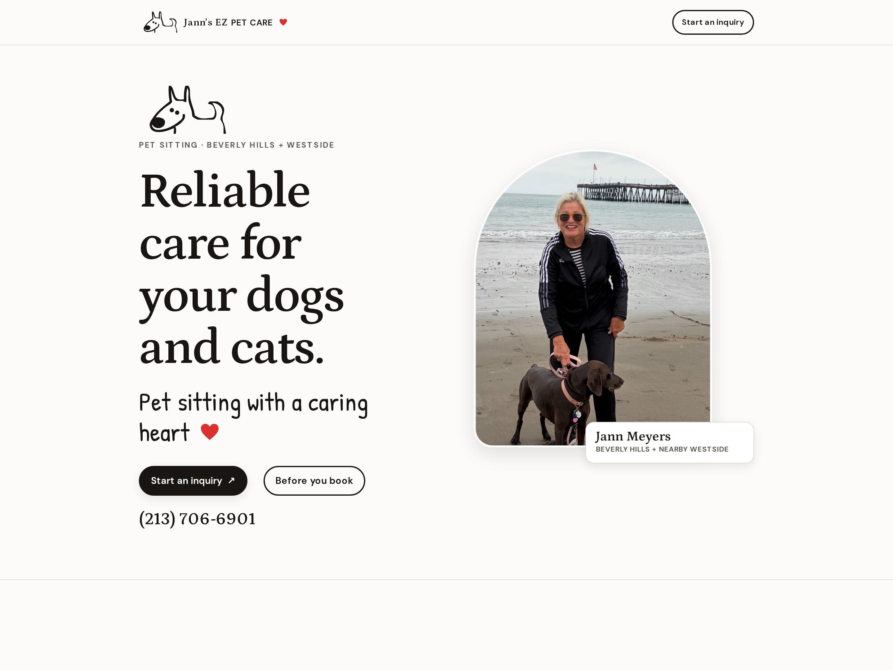 Jann's EZ Pet Care homepage: the headline 'Reliable care for your dogs and cats' beside a photo of Jann walking a dog on the beach.