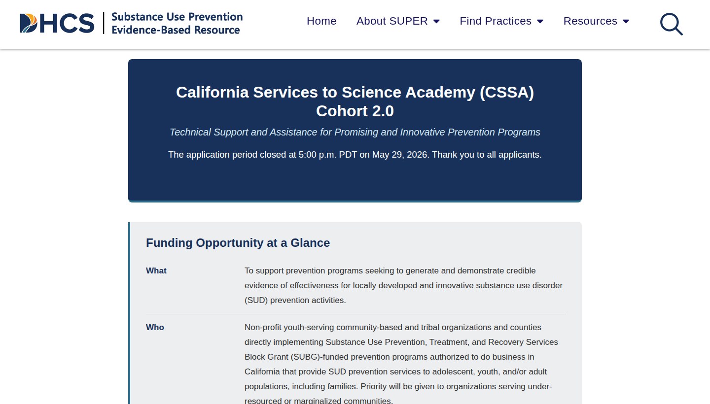 SUPER at UCLA CSSA Cohort 2.0 page showing the closed application notice and funding opportunity summary.