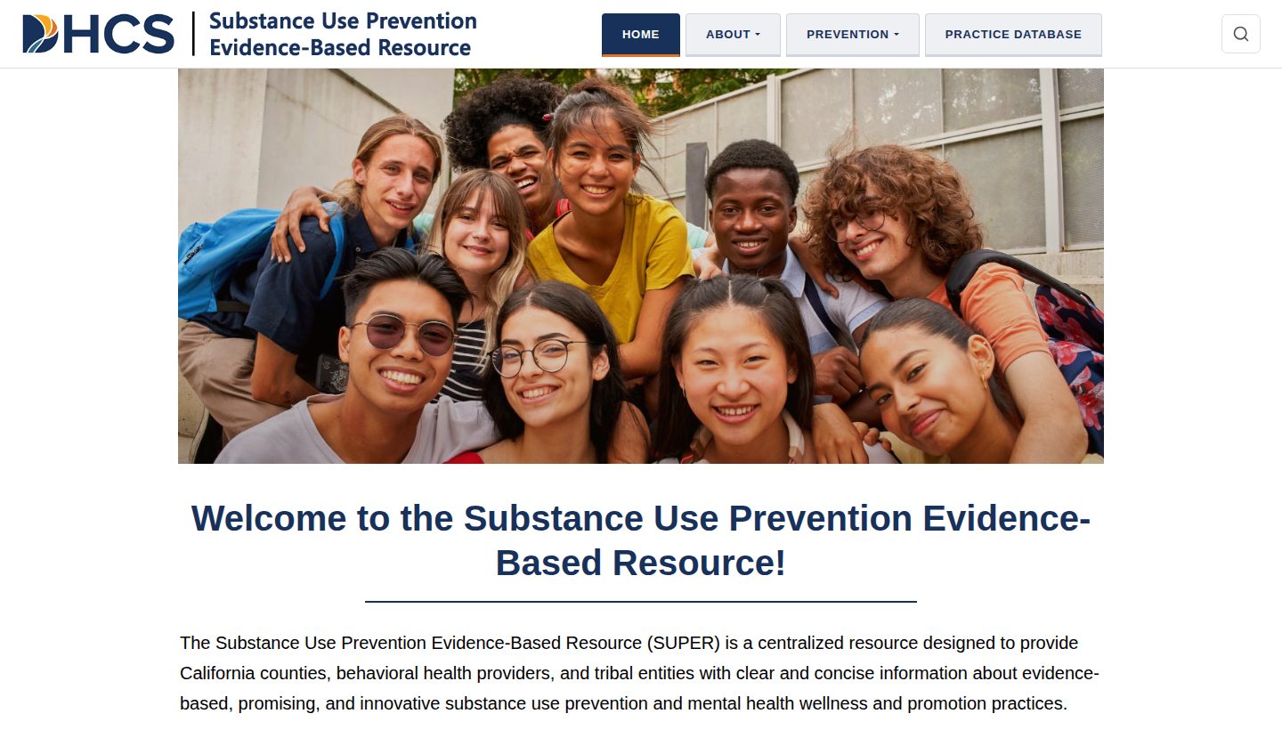 SUPER home page: a photo banner of a smiling group of young people above the welcome heading and an introduction to the resource, under the site's navigation bar.