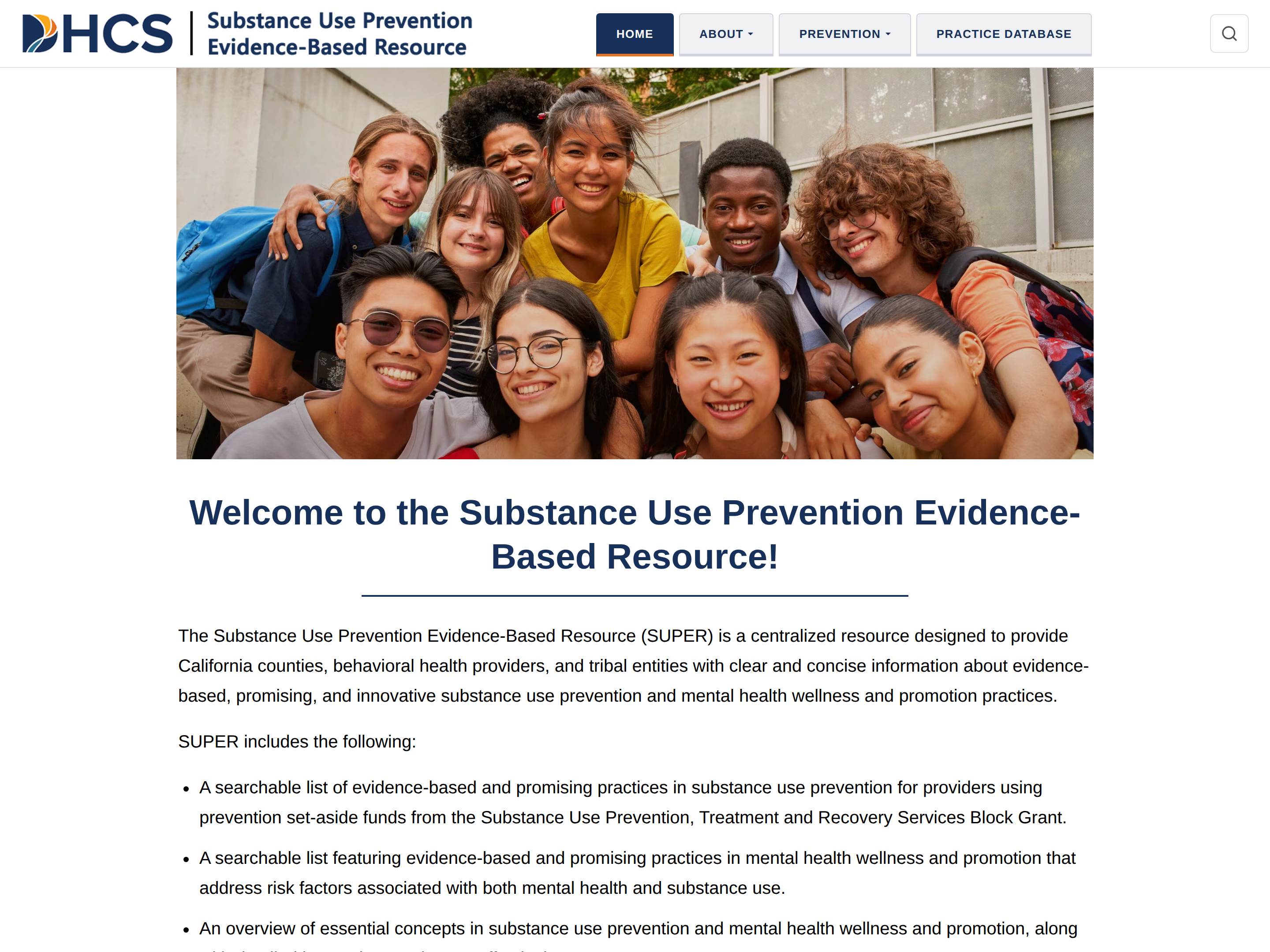 The SUPER home page: a photo banner of a smiling group of young people above the welcome heading.
