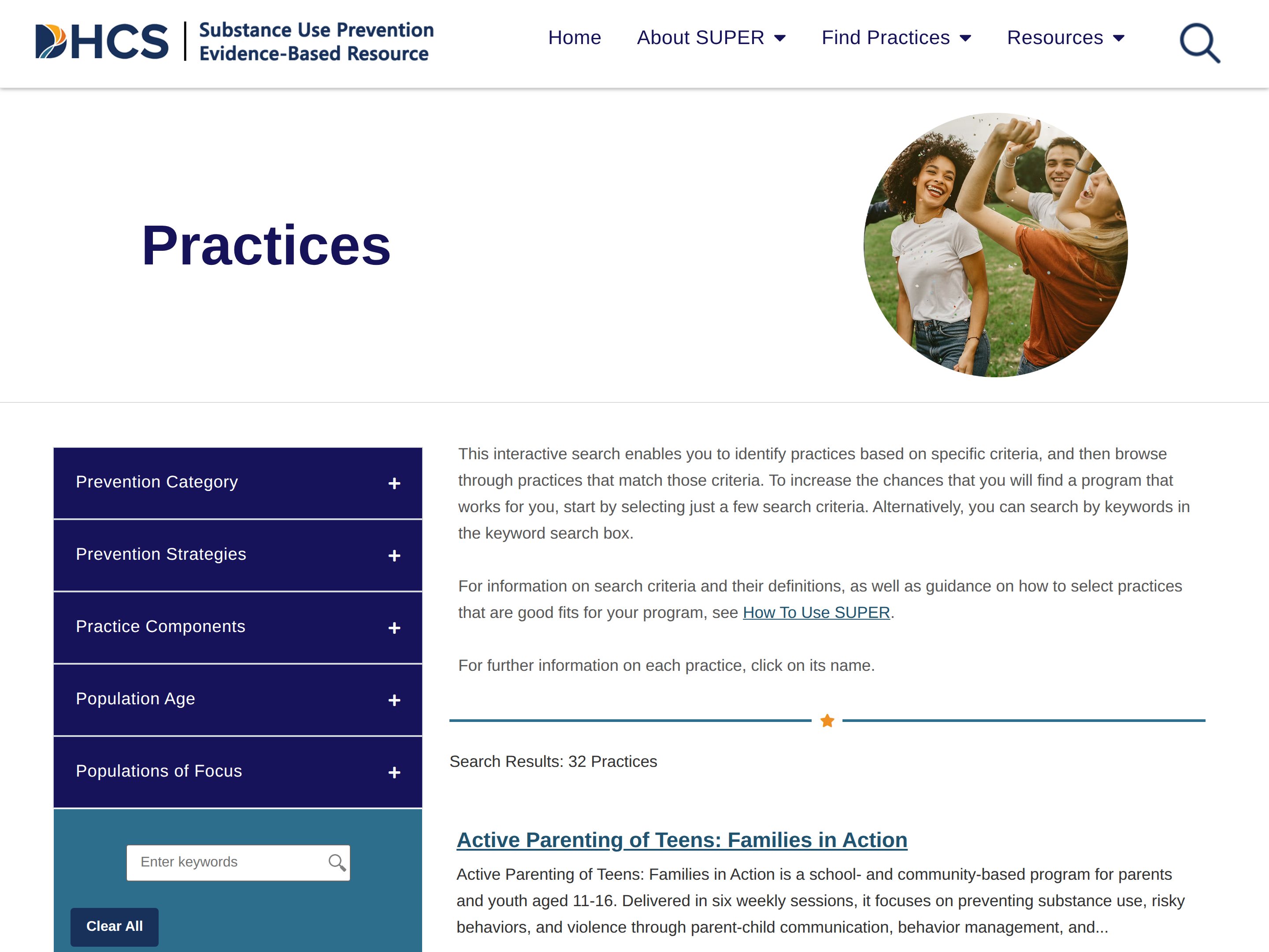 The SUPER practices page: filters for prevention category, strategies, components, and population, beside a list of matching practices.