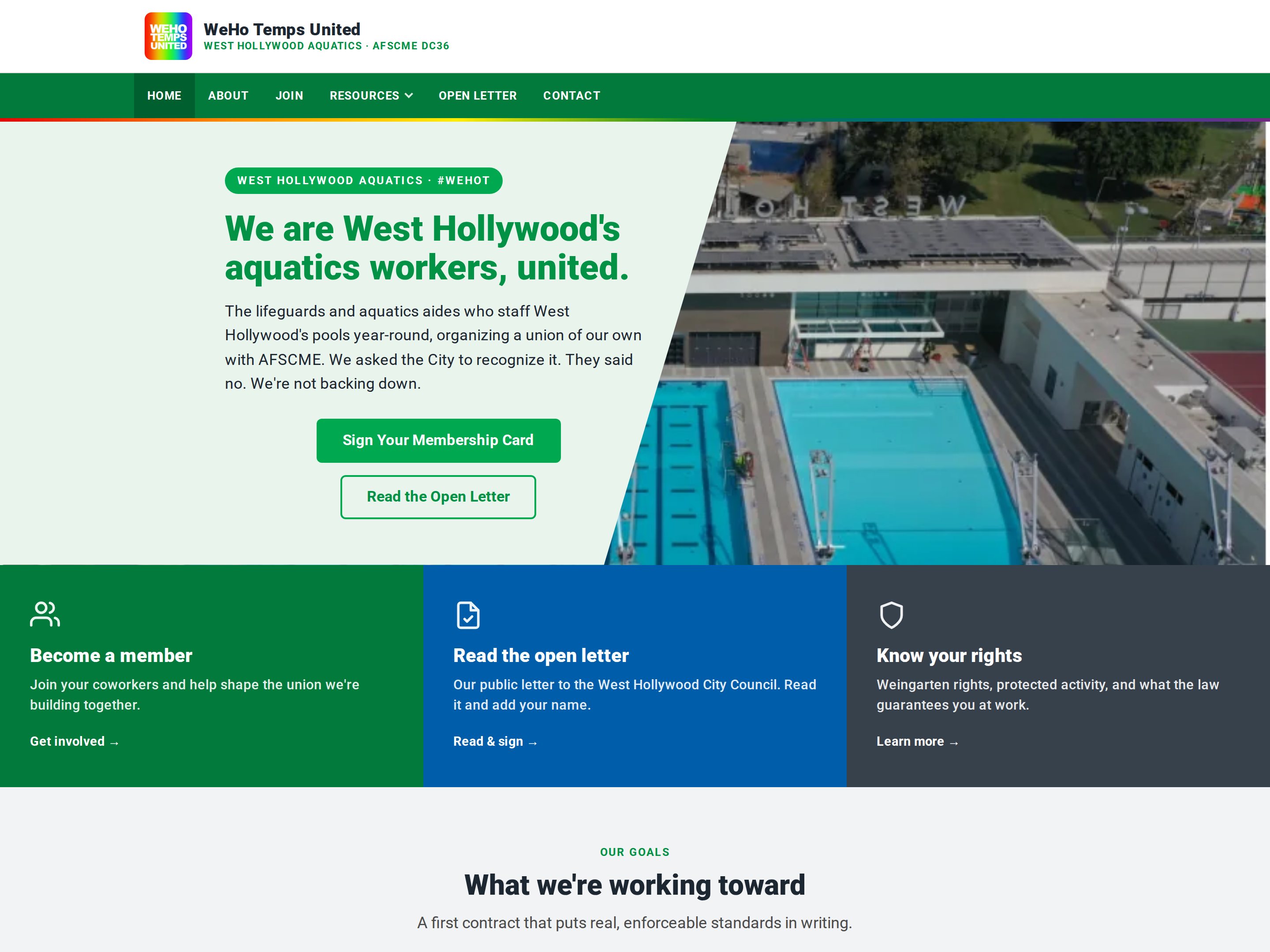 WeHo Temps United homepage: the headline 'We are West Hollywood's aquatics workers, united' beside an aerial photo of the city pool.