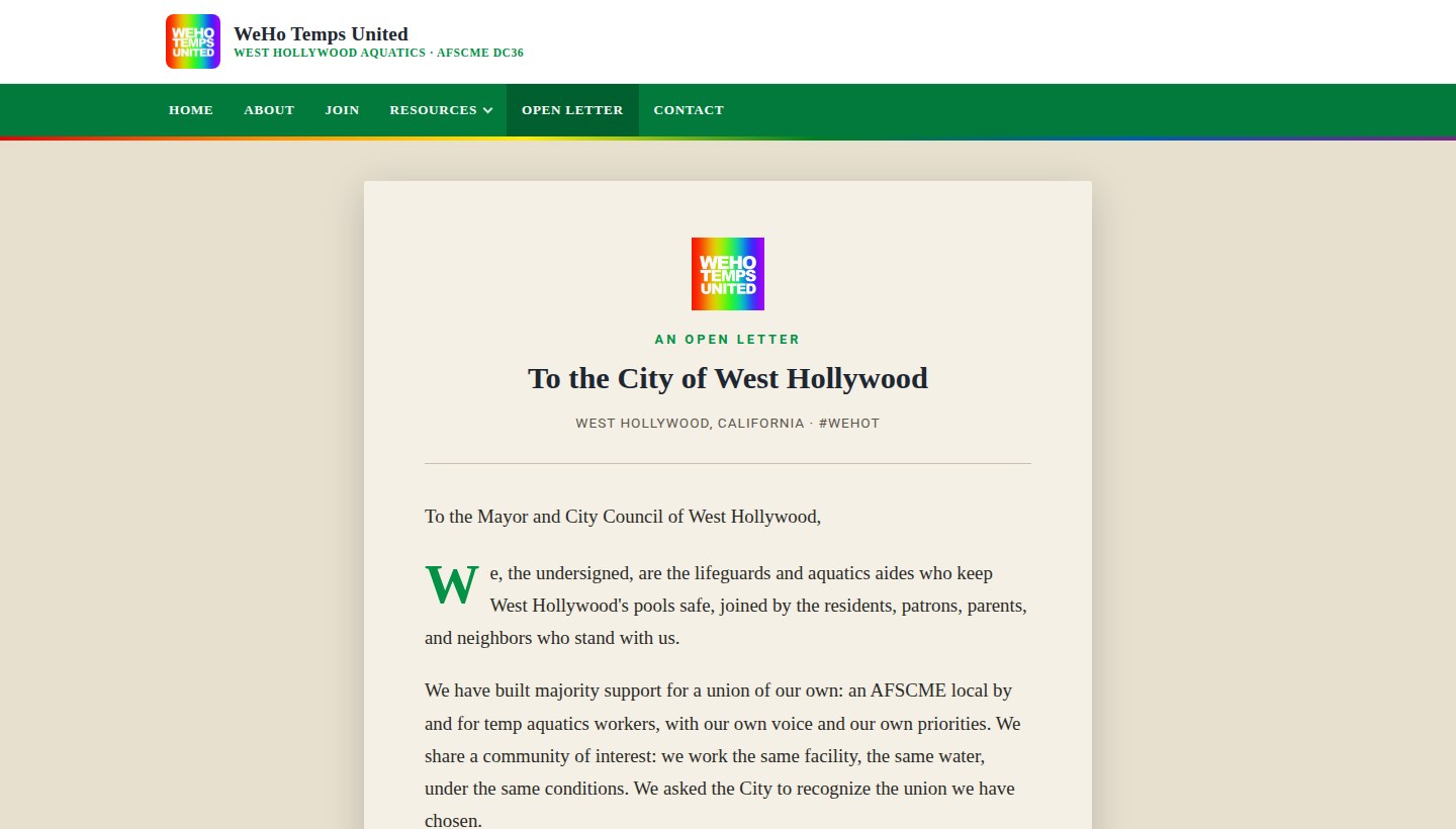 WeHo Temps United open letter page addressed to the City of West Hollywood, with the letter set in a centered paper panel.
